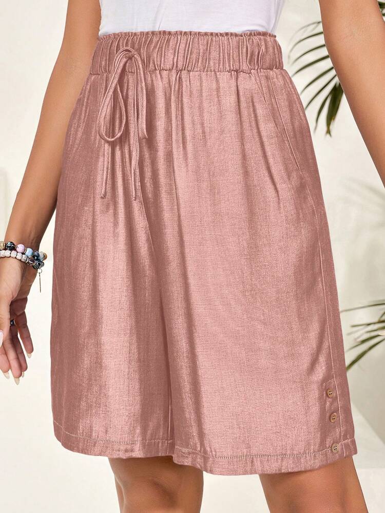 Women's Solid Color Tie Waist Pockets Loose Casual Shorts