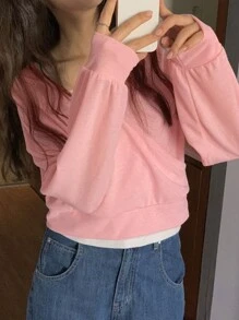 DAZY Women's Deep V-Neck Oblique Placket Loose Long Sleeve T-Shirt, Pink, Spring/Summer - Pink - View 2
