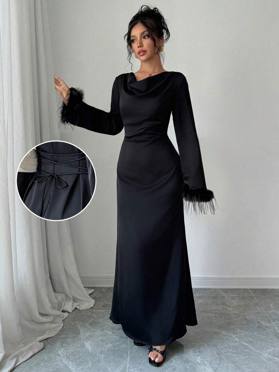 Rafferiza 缎面长款美人鱼尾巴低胸领口后系带喇叭袖毛绒装饰优雅浪漫女士长裙，秋冬 - 黑色 - 查看 1