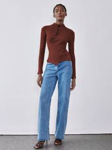 SHEIN Unity 高领套头毛衣，修身版型，纽扣装饰针织套头衫，秋冬款 - 咖啡棕 - 查看 5
