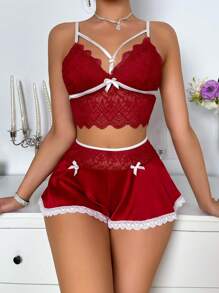 Ensemble pyjama femme avec lacets à deux tons, empiècement en dentelle et nœud décoratif