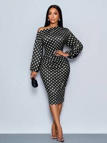 SOLERSUN 女装冬季优雅新年派对情人节舞会圣诞节法式白色波尔卡圆点图案露肩长袖针织臀罩老钱风格跨年性感休闲促销女式中长连衣裙 - 黑色 - 查看 3