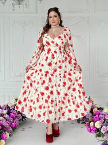 Lyrianda Plus Size Chiffon Embroidered Dress With Valentines, Rose, Heart, Polka Dot, Love, Lip, Cupid, 91D Flower Design Maxi Women Outfit