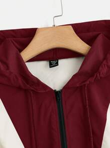 SHEIN EZwear Plus Size Autumn Casual Color-Block Drawstring Hooded Jacket Winter Fall - Burgundy - View 4