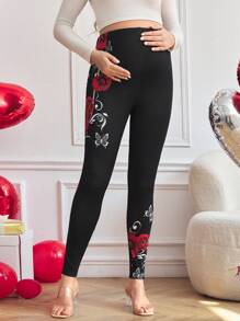 SHEIN Maternity Rose Floral Print Leggings With Elastic Waist, Stretchy - Black - View 5