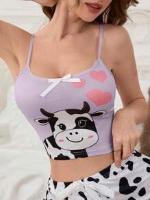 Cow Heart Print Pajama Top For Women, Summer - Purple - View 3