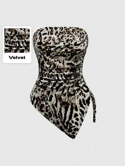 Grunge Punk Y2K Gyaru Style Leopard Print Velvet Side Drawstring Tube Top For Women