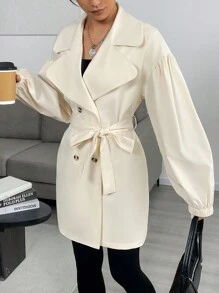 Muchica 休闲纯色双排扣风衣，秋季 - 杏色 - 查看 5