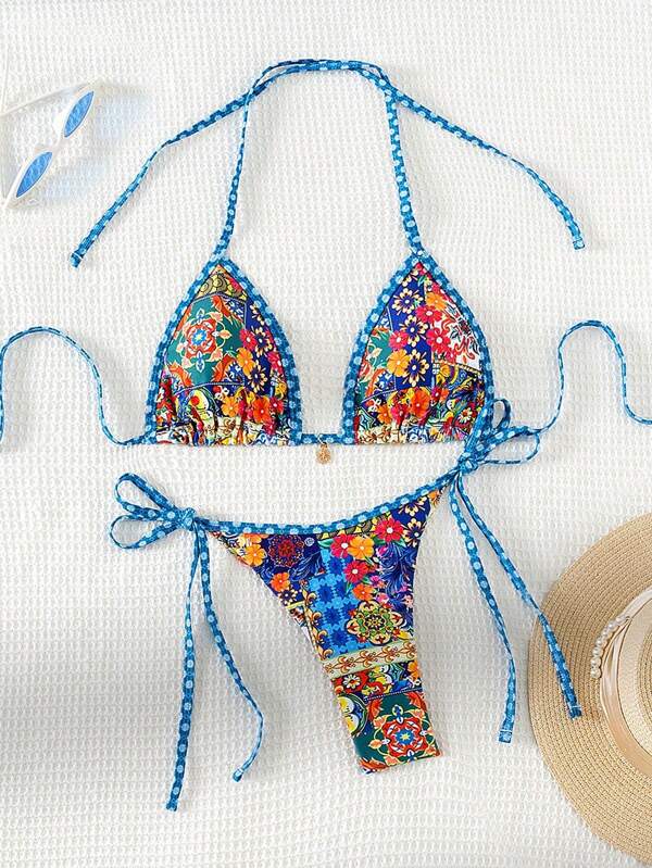 Swim Vcay Printed Halter Neck Bikini Set, Two-Piece, String Beach Outfit Bathing Suit Summer,Summer Beach