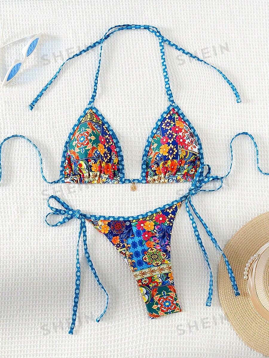 Swim Vcay Set de bikini imprimat cu gât, două piese, ținută de plajă șir, costum de baie de vară