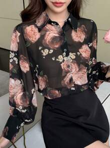 DAZY 春夏季假期情人节花卉印花宽松泡泡袖女士衬衫透视装
