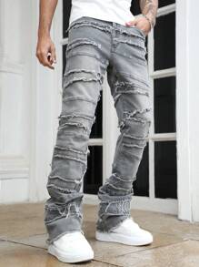 ROMWE MEN Street Life Men's Frayed Hem Patchwork Flare Leg Jeans - Grey - View 6