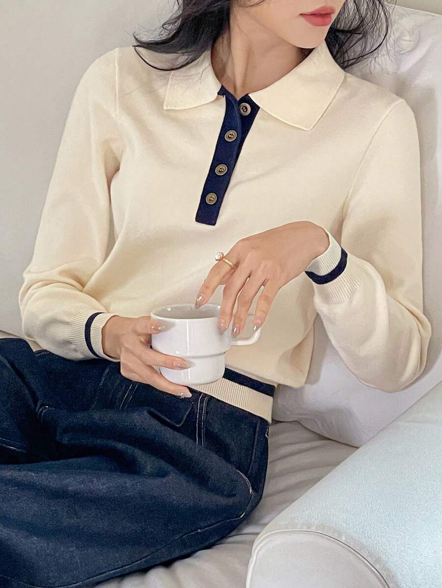 DAZY Color Block Pullover Sweater For Ladies, Elegant Style Fall - White - View 1