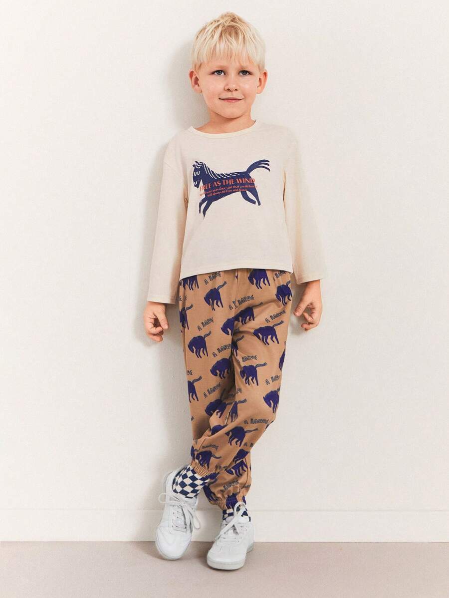 SHEIN Young Boys Camo Print Elastic Waist Drawstring Jogger Sweatpants, Casual - Khaki - View 1