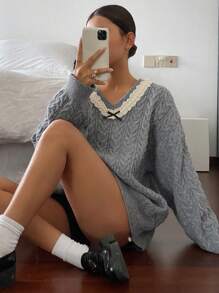 DAZY Women's V-Neck Cable Knit Lace Patchwork Warm Loose Pullover Casual Sweater Fall - Grey - View 5