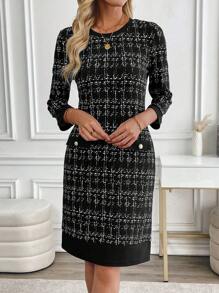 EMERY ROSE Women Checkered Casual Commuter Dress For Spring Clothes Valentine's Day - Black - View 3