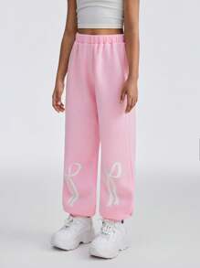 SHEIN Tween Girl Basic Knit Bow Thermal Lined Pink Baggy Cuffed Sweatpants , Mom And Daughter, Party / New Year Eve / Streetwear - Coral Pink - View 4
