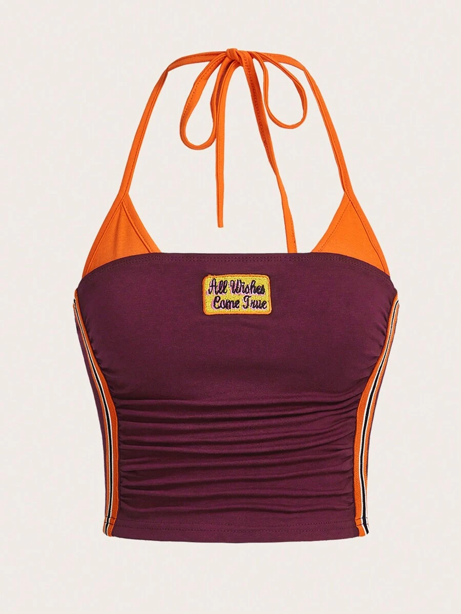 SHEIN ICON Y2k Summer Outfits Casual Color-Block Crop Top With Bikercore Letter Embroidery Contrast Binding Halter, Slim Fit