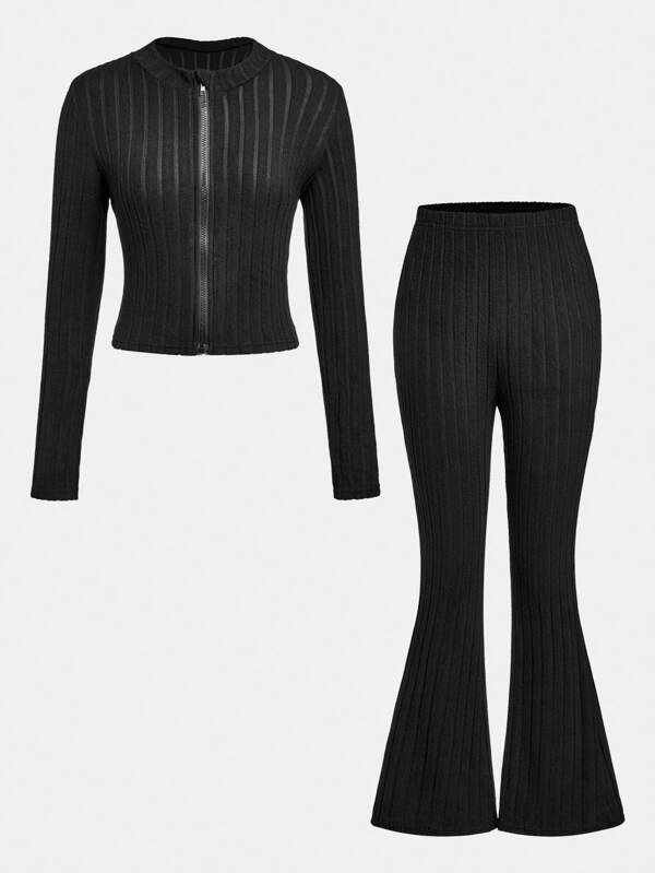 SHEIN 2pcs/Set Teen Girls Casual Ribbed Knit Elastic Long Sleeve Cropped Zip-Up Jacket & Flare Pants, Autumn Outfit Set