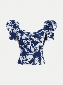 SHEIN Girlism T-shirt à col en cœur et manches bouffantes, imprimé floral élégant, bleu et blanc, idéal pour les vacances, pour adolescentes filles