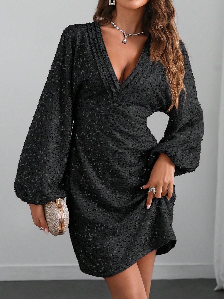 SHEIN Clasi 女士秋冬金色亮片 V 领蝙蝠袖短款派对连衣裙 - 黑色 - 查看 1