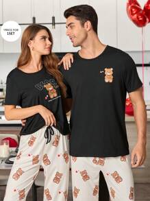 Manfinity Cute Bear Print Short Sleeve & Long Pants Men Pajama Set - Black - View 3