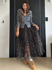 DAZY Women's Leopard Print Mesh Multi-Layer Ruffle Hem Cake Skirt - Rust Brown - View 2