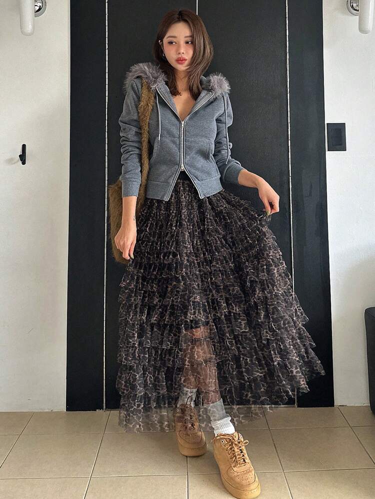 Women's Leopard Print Mesh Multi-Layer Ruffle Hem Cake Skirt