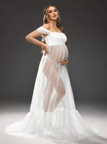 SHEIN Solid Color Off Shoulder See-Through Mesh Maxi Maternity Photoshoot Dress, Baby Shower Dress - White - View 4