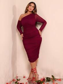 SHEIN BAE 加大码不对称领口长袖褶皱网眼紧身连衣裙，适合复活节、狂欢节、Y2K