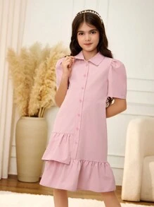 Tween Girl' Pink Ruffle Hem Asymmetrical Patchwork Casual Everyday Dress,Holiday,Summer,Travel - Pink - View 6