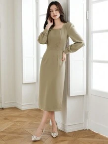 DAZY Solid Color Square Neck Puff Sleeve Midi Dress For Women,Fall Dress Long Sleeve Dress - Green - View 4