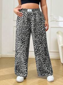 SHEIN EZwear 大码女式豹纹休闲裤，简约时尚，适合日常穿着 - 黑與白 - 查看 1