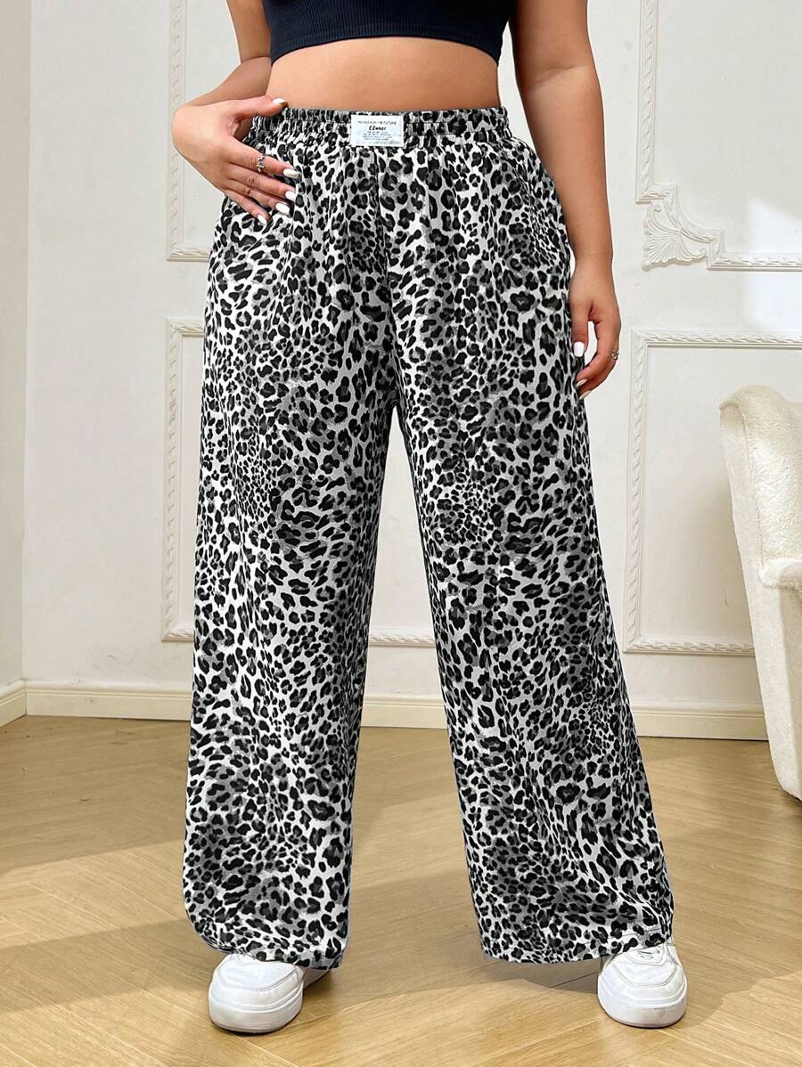 SHEIN EZwear 大码女式豹纹休闲裤，简约时尚，适合日常穿着 - 黑與白 - 查看 1