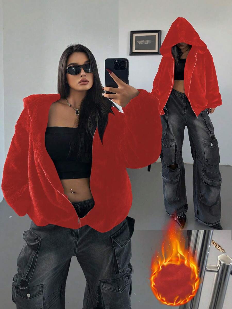 POPSWAY Plus Size Casual Solid Color Fleece Red Hoodie Fall Cloth For Women - Red - View 1