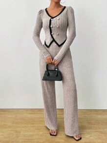 Chiquease 女式双排扣长袖上衣和口袋罗纹裤休闲套装，春/秋 - 淺灰色 - 查看 3