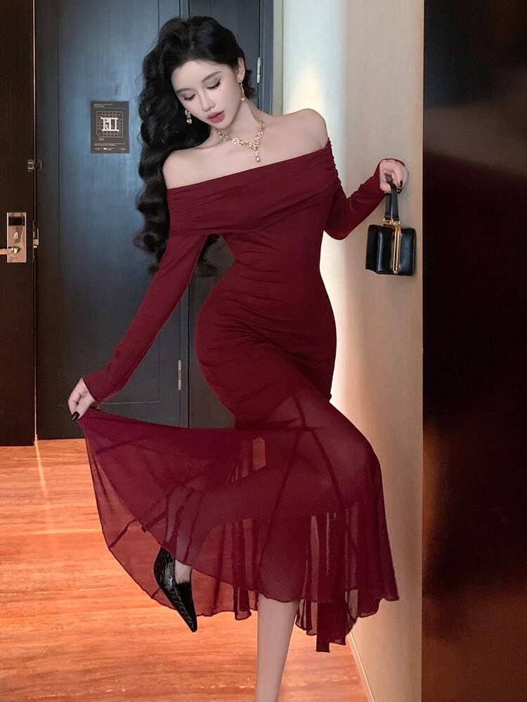 Solid Color Off Shoulder See-Through Midi Dress, Suitable For Date Night, Chinese New Year, Valentine's Day, Spring Prom Dress Elegant,Ruffle,Fall Clothes Red Women Dresses Christmas