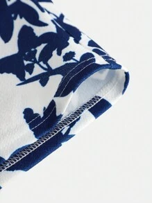 SHEIN Girlism T-shirt à col en cœur et manches bouffantes, imprimé floral élégant, bleu et blanc, idéal pour les vacances, pour adolescentes filles