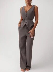 Aloruh 2pcs/Set Elegant Solid Gray Commuting Suit Jacket And Pants, Versatile - Grey - View 4