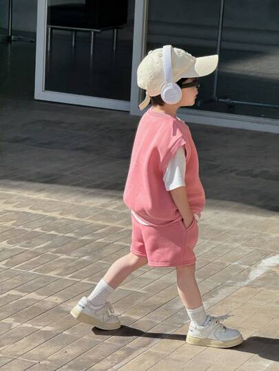SHEIN Leap Crew 3pcs Young Boy Knitted Oversized Short Sleeve Vest & Shorts Set, Suitable For Outdoor Outfit
