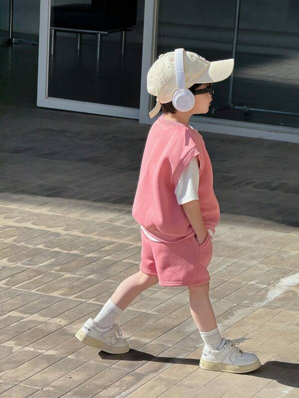 3pcs Young Boy Knitted Oversized Short Sleeve Vest & Shorts Set, Suitable For Outdoor Outfit