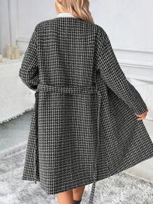 SHEIN Clasi Áo khoác cardigan cổ tròn thanh lịch đi làm thường ngày cho nữ có áo khoác ngoài kẻ caro buộc dây họa tiết - màu đen - Xem 2