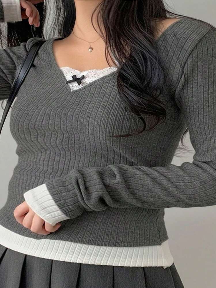 Dazy Petite Plus Lace Patchwork Bow Decor Slim Fit Long Sleeve T-Shirt, Grey, Spring/Summer/Autumn,Fall Women Clothes