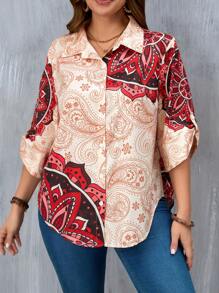 EMERY ROSE Plus Size Women's Autumn Beige Paisley Print Boho Shirt,Loose Ruffled Sleeve Single Button Top For Christmas,New Years,Vacation,Spring/Summer - Multicolor - View 1