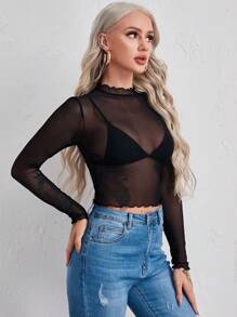 SHEIN BAE Lettuce Edge Mesh Crop Top Without Bra - Black - View 4