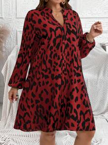 EMERY ROSE Plus Size V-hals Lange Mouw All-Over Print Losse En Elegante Herfstjurk