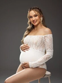 SHEIN Maternity Lace Patchwork Off-Shoulder Romper - White - View 5