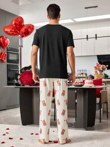 Manfinity Cute Bear Print Short Sleeve & Long Pants Men Pajama Set - Black - View 2