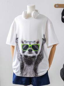 SHEIN Leap Crew Teen Boy Lovely Style Round Neck Pullover Short Sleeve Knitted T-Shirt With Glasses-Wearing Animal Printed Pattern - White - View 2