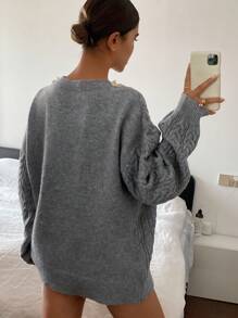 DAZY Women's V-Neck Cable Knit Lace Patchwork Warm Loose Pullover Casual Sweater Fall - Grey - View 6